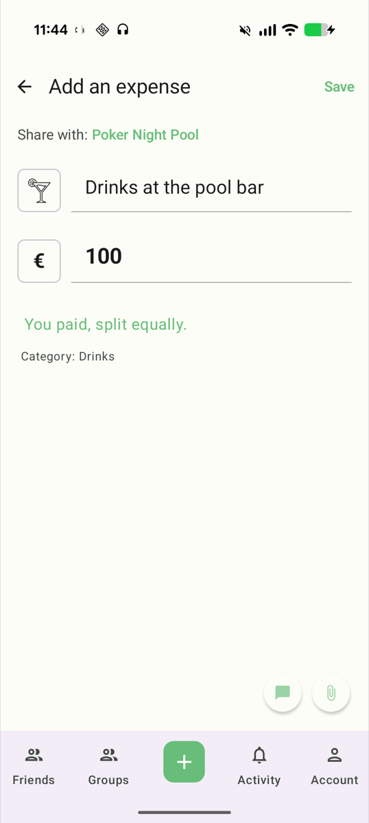 CostSplit add expense screen with description and amount