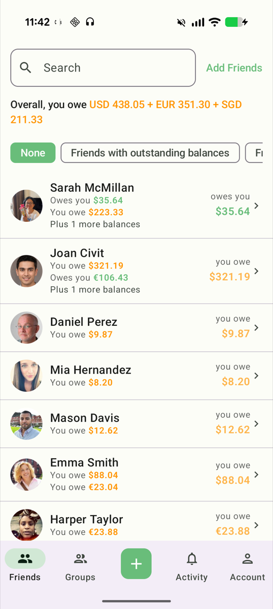 CostSplit friends screen showing balances in multiple currencies