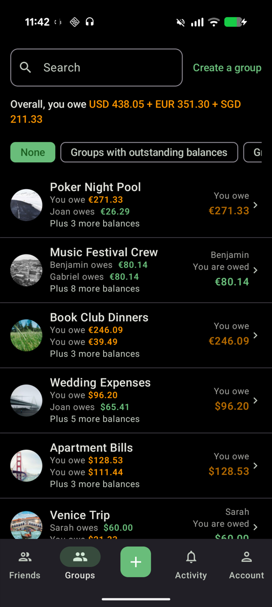 CostSplit groups screen in dark mode showing multiple expense groups